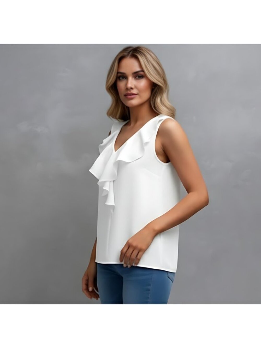 Ruffle Hem Sleeveless Blouse White - Picture 5 of 7